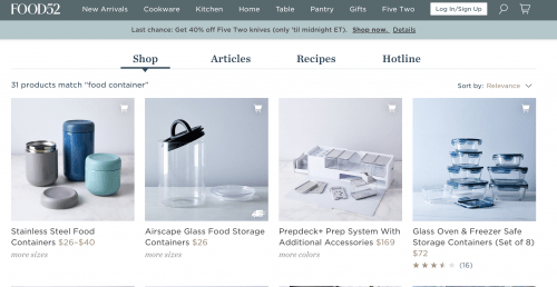 食品容器Food52的页面。