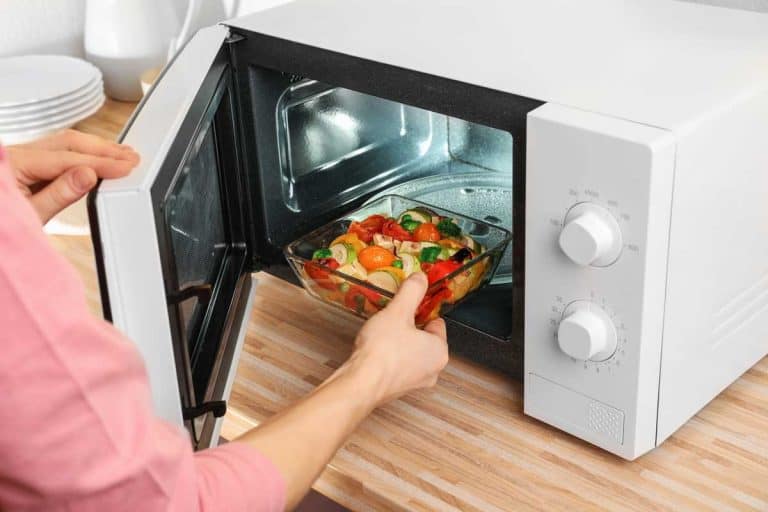 Woman putting bowl with vegetables in microwave oven, closeup