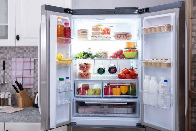 特写的打开冰箱的水果、蔬菜和塑料瓶,坏插入和拔掉冰箱吗?