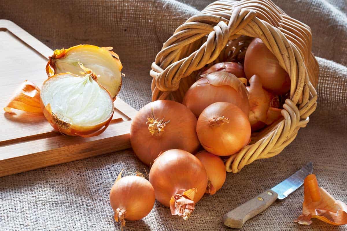 宽松的洋葱分散在suckcloth柳条篮子,和一个洋葱切成半木案板