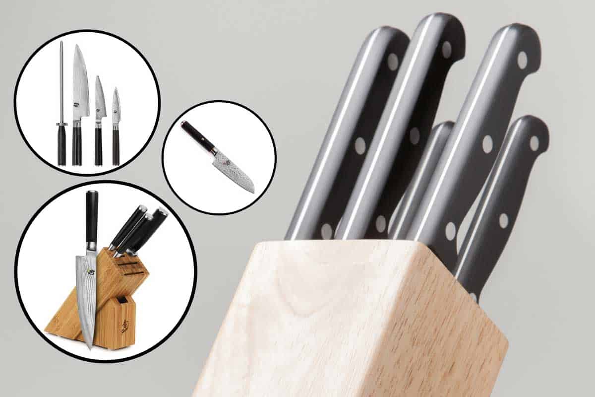 Collage of Shun knives with set of knives in wooden support on the background, Are Shun Knives Single Or Double Bevel?