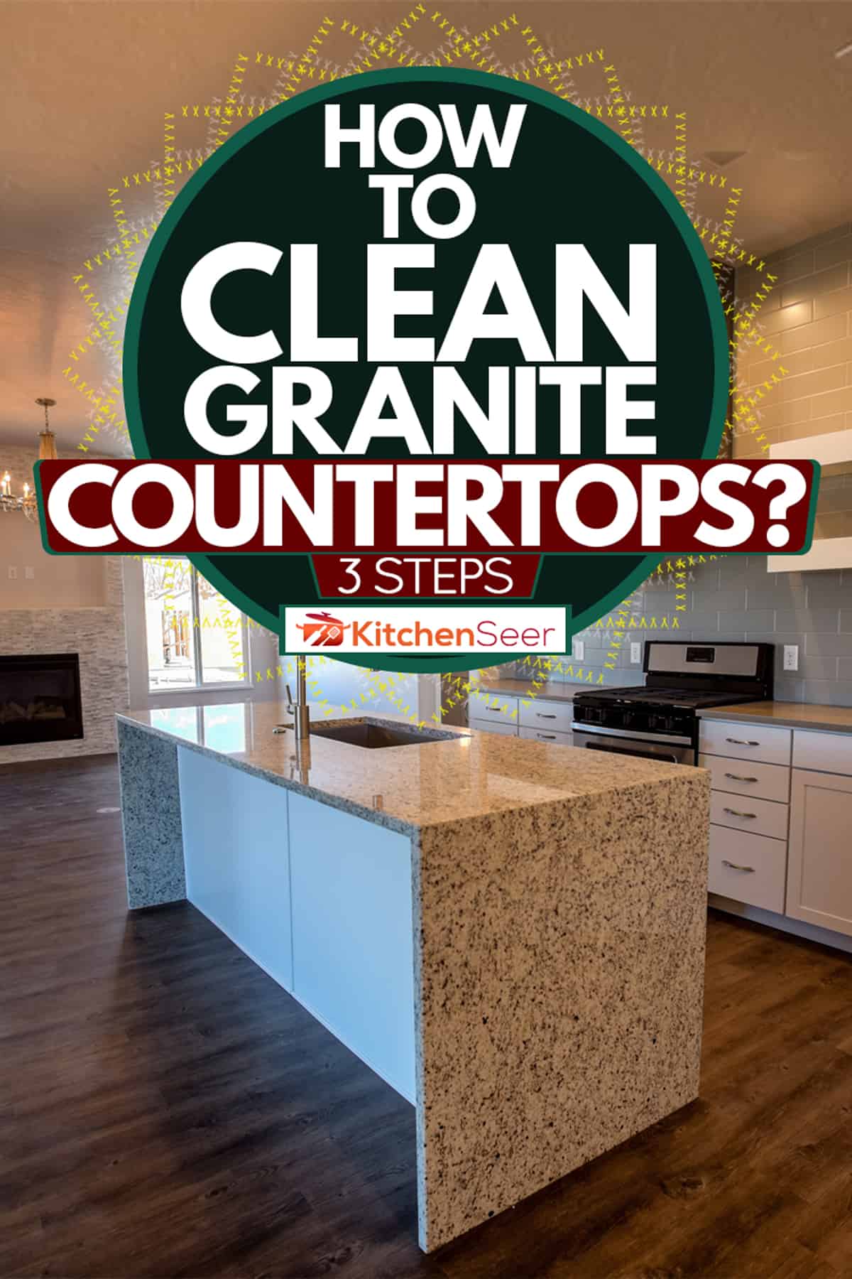 一个空厨房，花岗岩雷电竞官网网址岛台面和木地板，如何清洁花岗岩台面?雷竞技官网rb(步骤3)