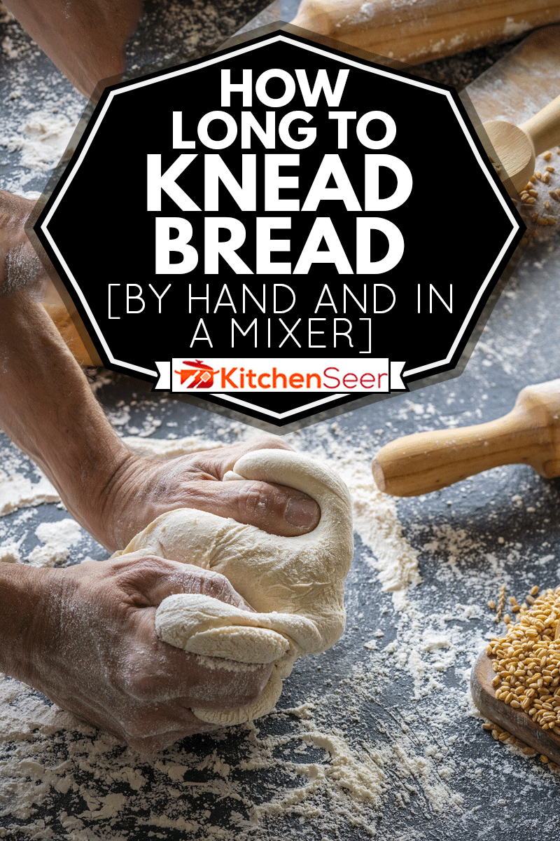贝克男人手breadmaking捏面包面团,揉面包(手工和搅拌器)