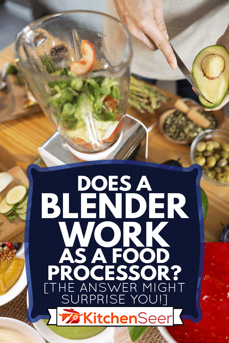 一个面目全非的男人把蔬菜放进搅拌机，在他的厨房里准备健康的奶昔，搅拌机能像食品加工机一样工作吗?雷电竞官网网址答案可能会让你大吃一惊!］