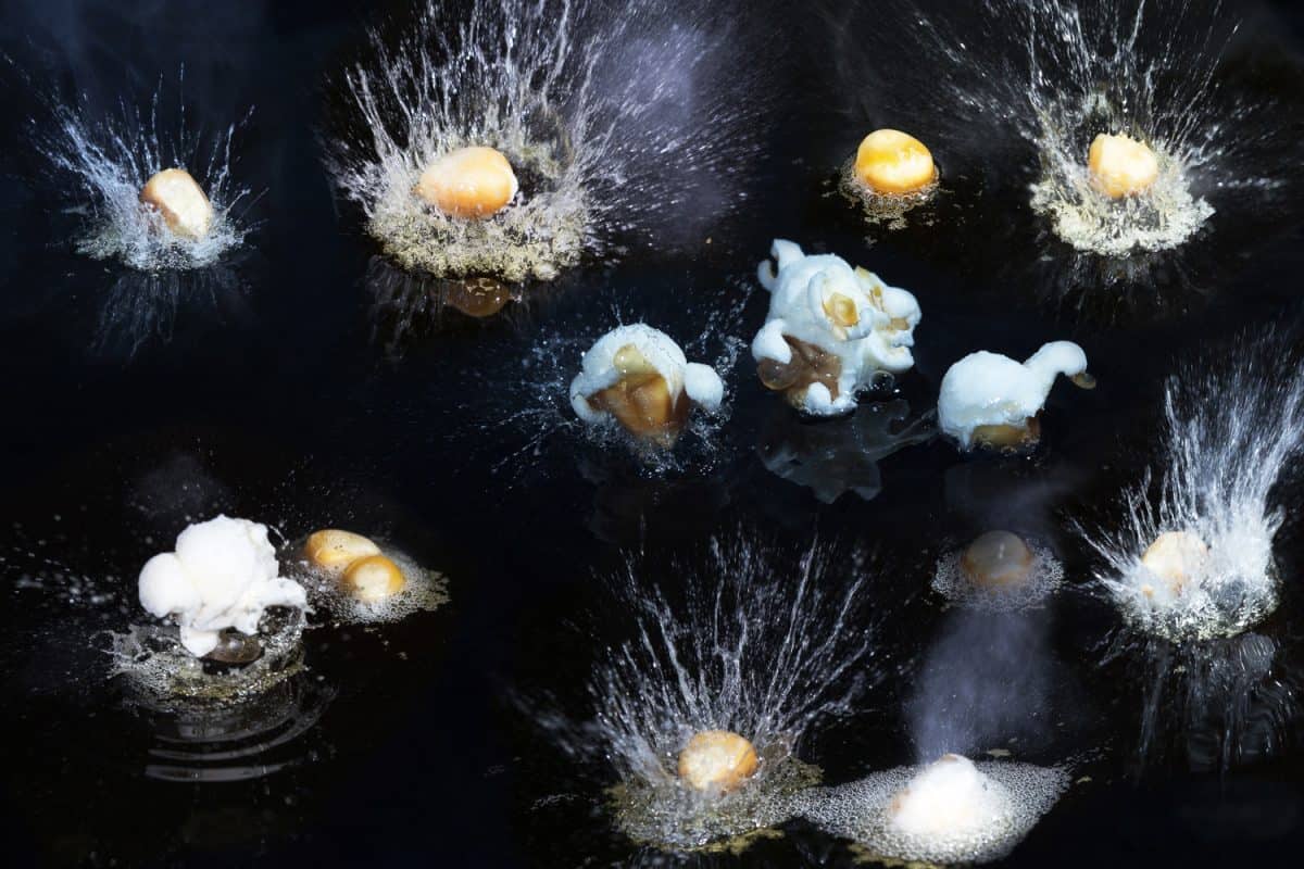 在热油中爆开时捕捉到多个爆米花粒