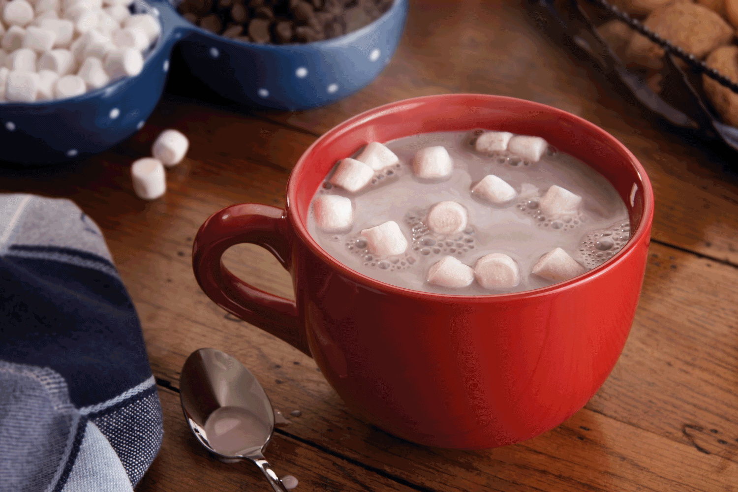 一个潮湿的热杯热巧克力和棉花糖。