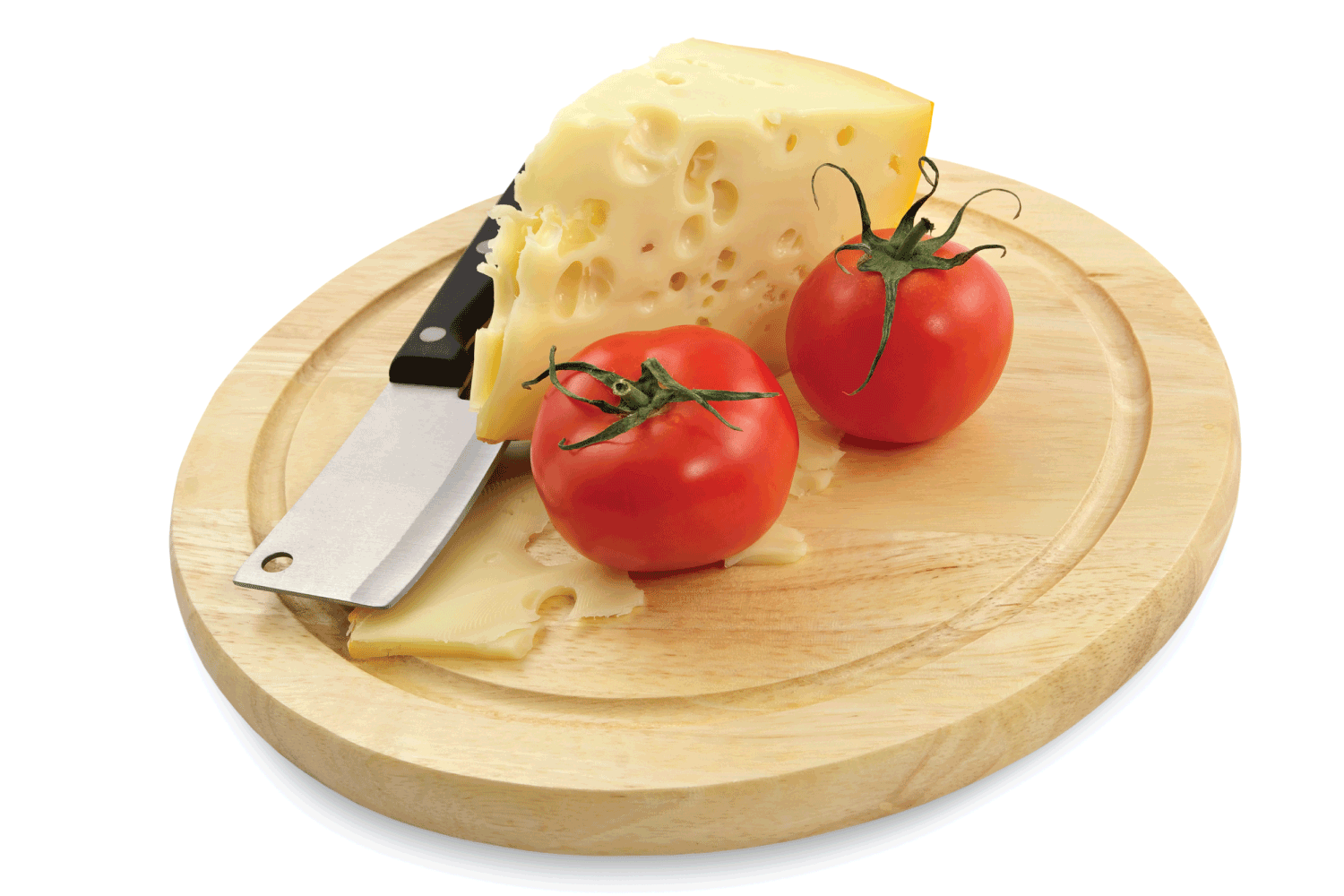 Cheese and fresh tomatoes on a wooden board