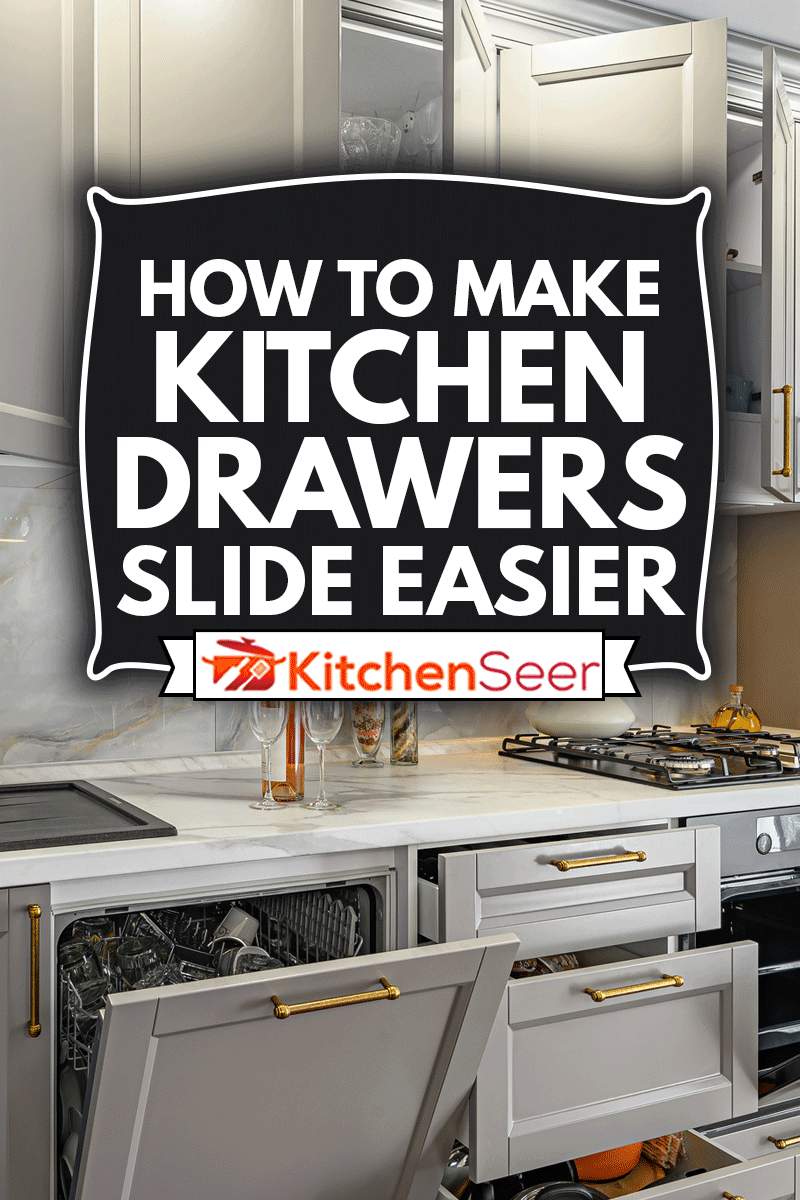 特写镜头的细节,灰色和白色的当代经典厨房设计在现代风格,家具门和抽屉都打开,如何让厨房抽屉滑容易雷电竞官网网址