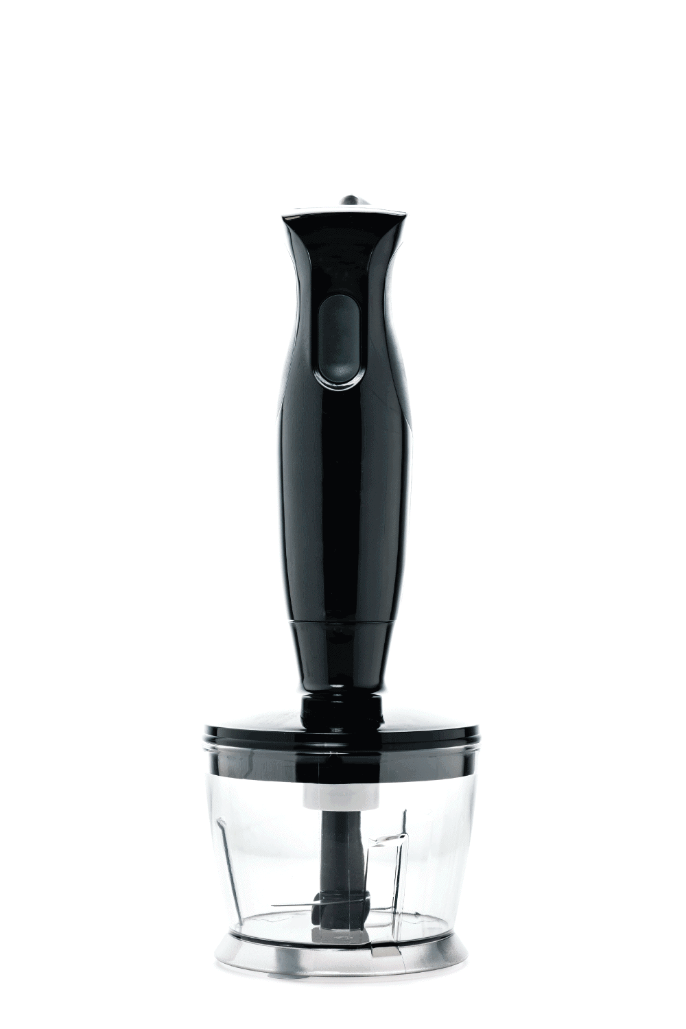 一个黑色的手动搅拌机连接在白色背景的切菜碗上