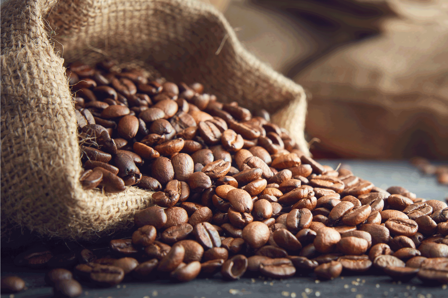 烘培咖啡豆从麻袋里倒出来