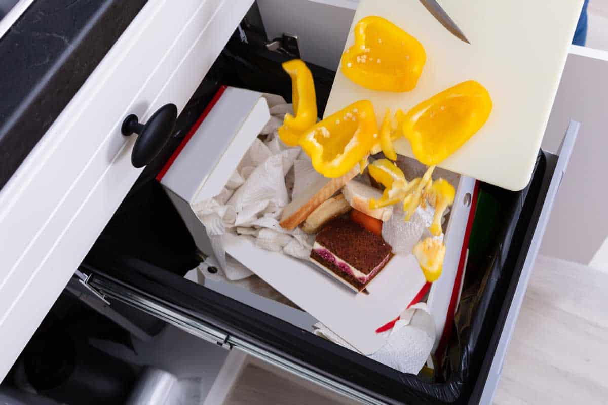 一个女人把蔬菜扔进垃圾桶的特写，垃圾压实机会压碎铝罐吗?