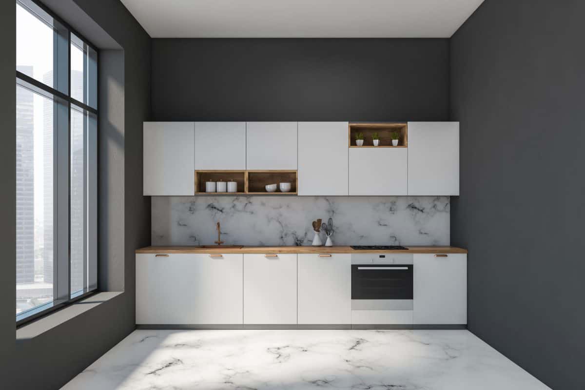 公寓内的狭窄厨房，雷电竞官网网址厨房里有白色的橱柜