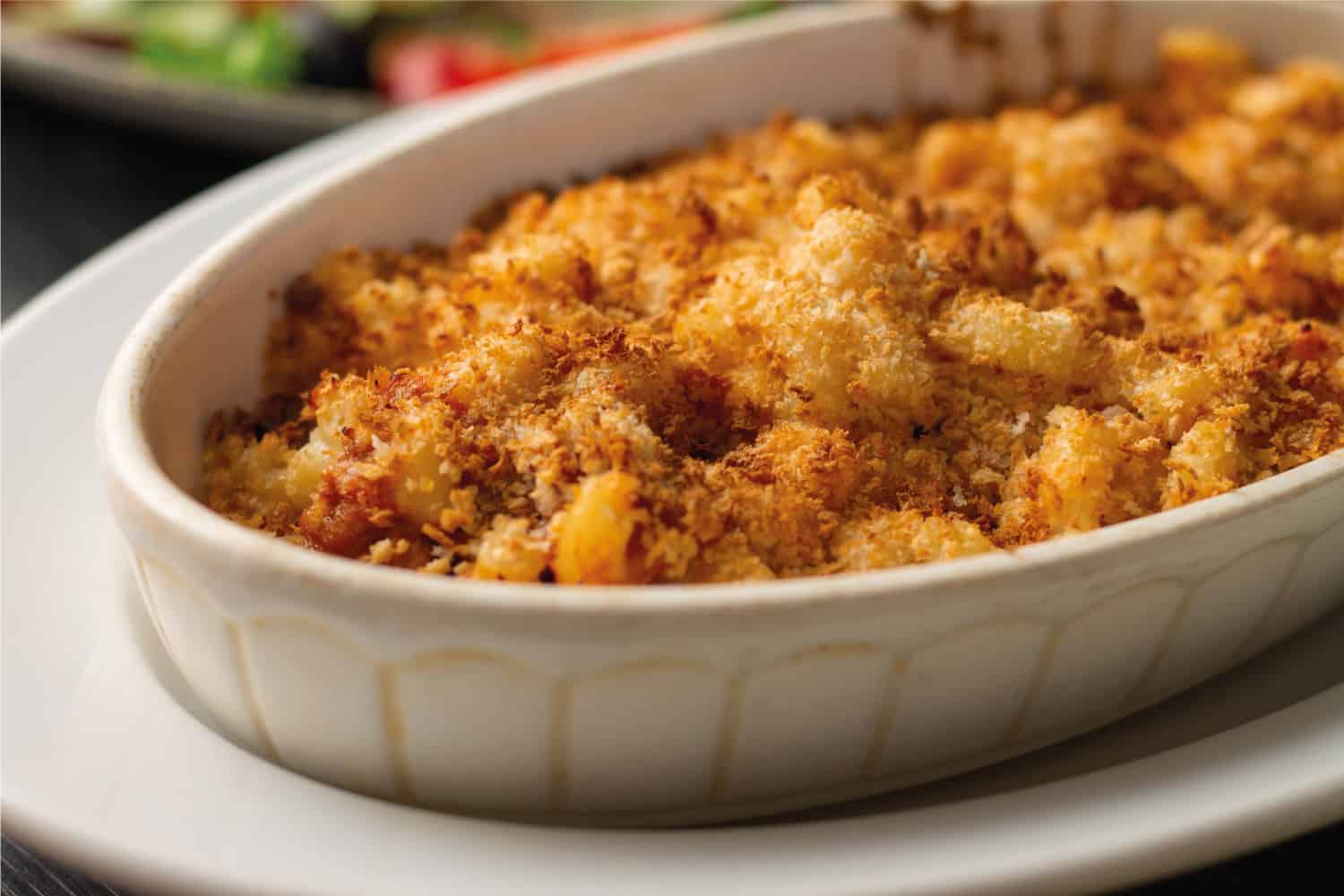 砂锅或烤宽面条撒上面包屑在白色椭圆形陶瓷烤盘