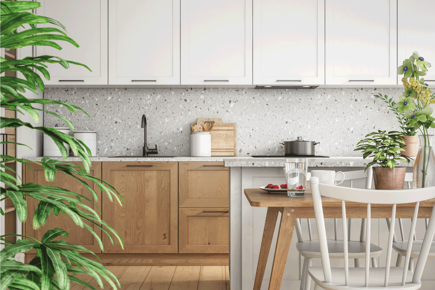 斯堪的纳维亚室内设计的厨房和餐厅，白色和木制元素雷电竞官网网址雷竞技下载app官网