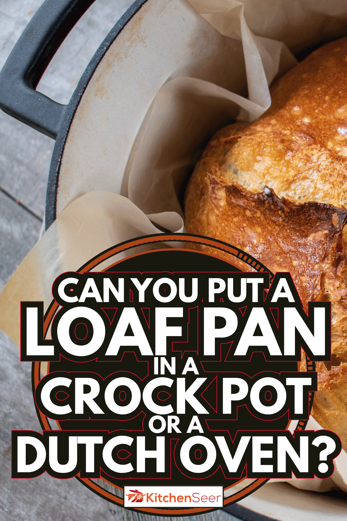 全酵母面包面包好地壳山峰在羊皮纸上。你能把一块用砂锅或荷兰烤肉锅锅吗