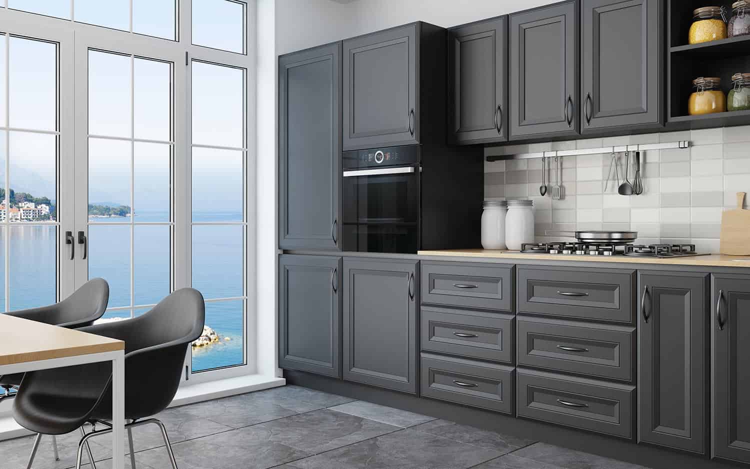 现代斯堪的纳维亚厨房和餐厅与哑光黑色传统雷电竞官网网址橱柜设计雷竞技下载app官网