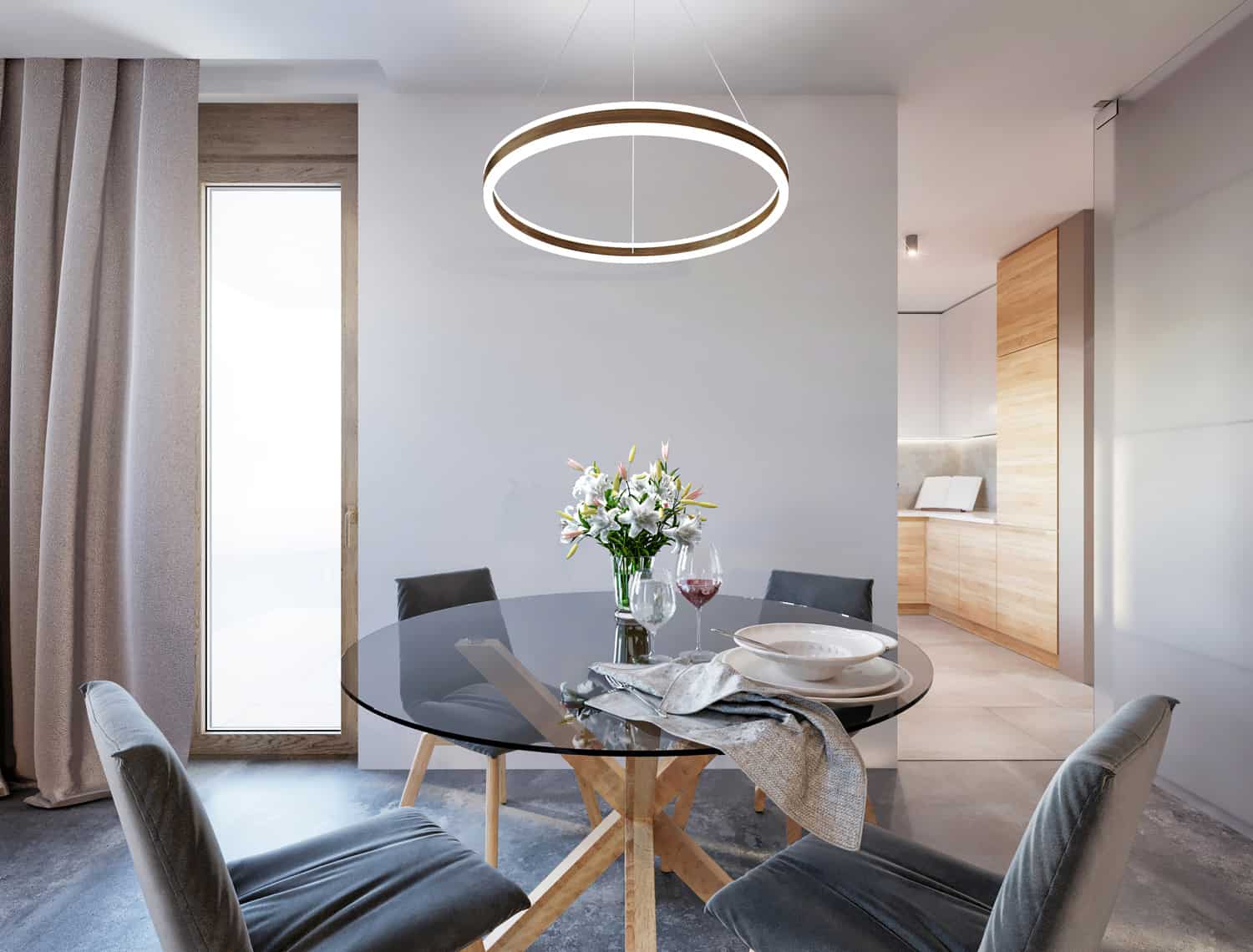 现代开放空间公寓室内餐桌。雷竞技下载app官网