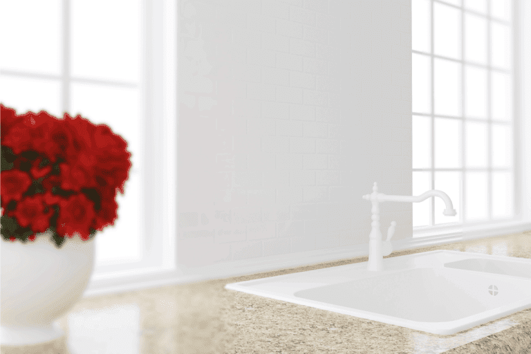 红色的花在前面的大理石桌面大窗口。白沉。厨房的水槽边有下一雷电竞官网网址个窗口
