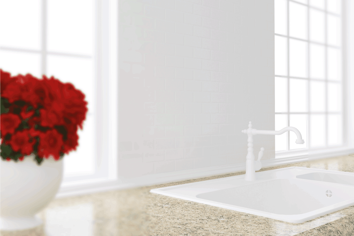 红色的花在前面的大理石桌面大窗口。白沉。厨房的水槽边有下一雷电竞官网网址个窗口