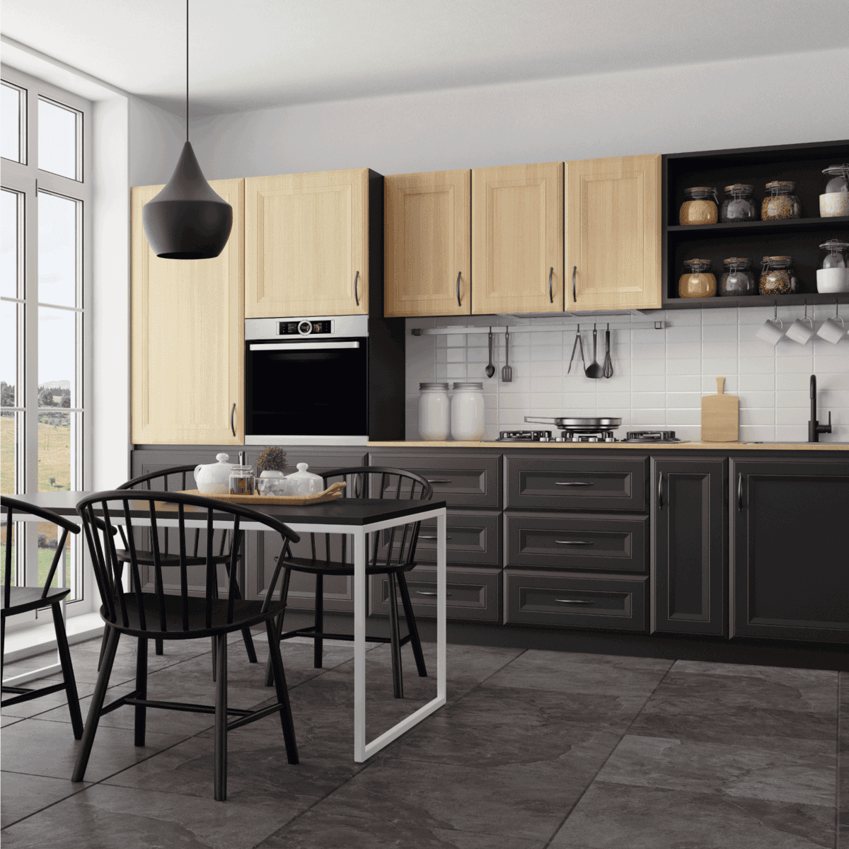 时尚的斯堪的纳维亚开放式概念厨房和餐厅，有很多自然光线。雷电竞官网网址雷竞技下载app官网现代黑色和轻木厨房雷电竞官网网址