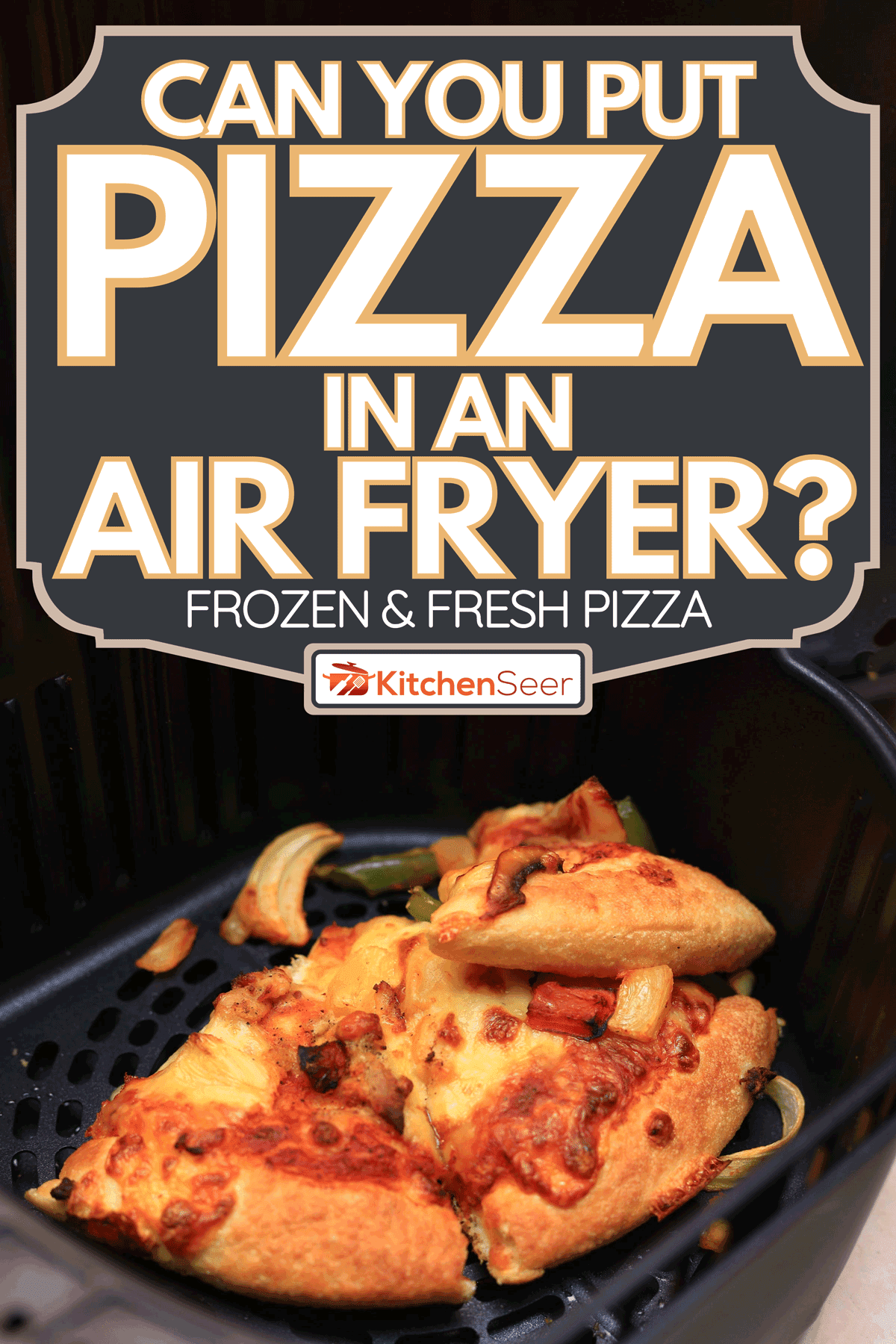 热的三片披萨在黑色空气炸锅里，你能把披萨放在空气炸锅里吗?[速冻新鲜披萨]