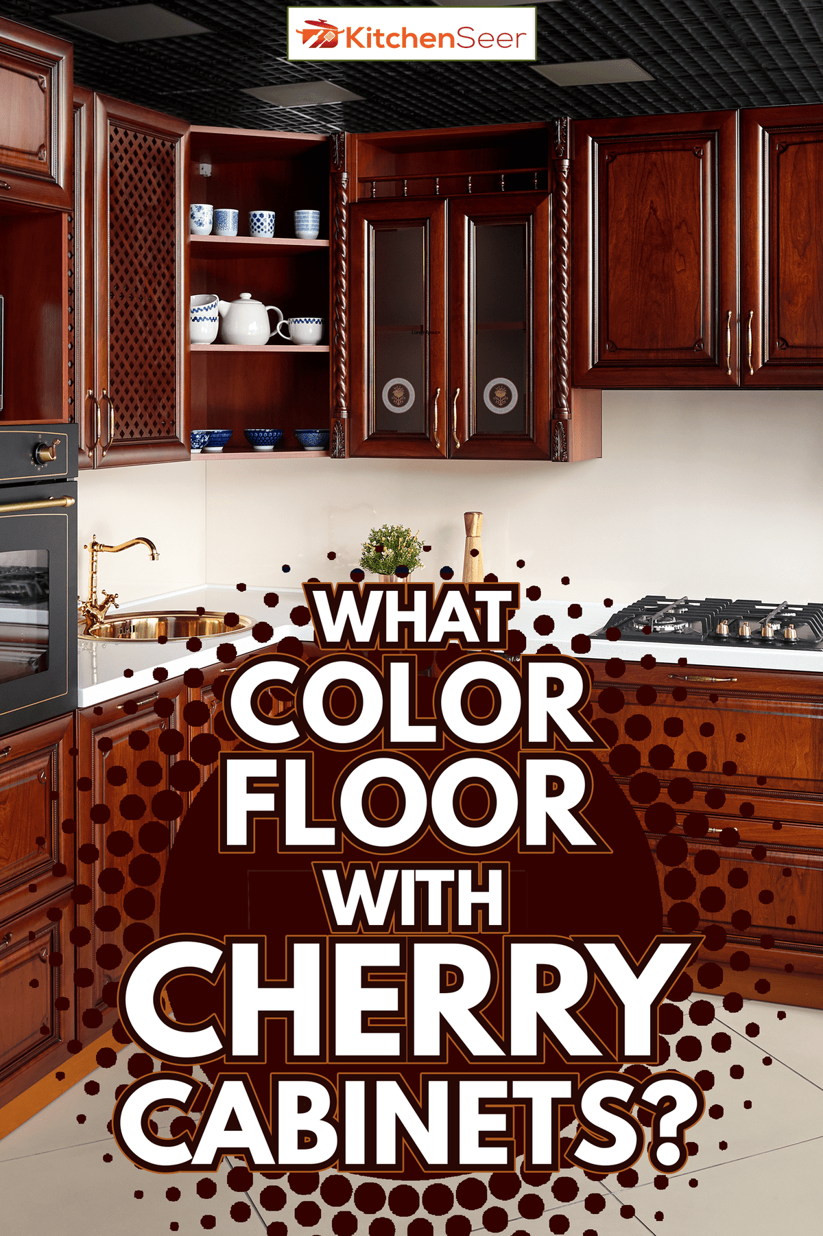 经典风格的现代厨房内部，金色元素樱桃桤雷电竞官网网址木橱柜，内置电器电动或感应滚刀，电烤箱石水槽和抽油风扇-樱桃橱柜的什么颜色地板