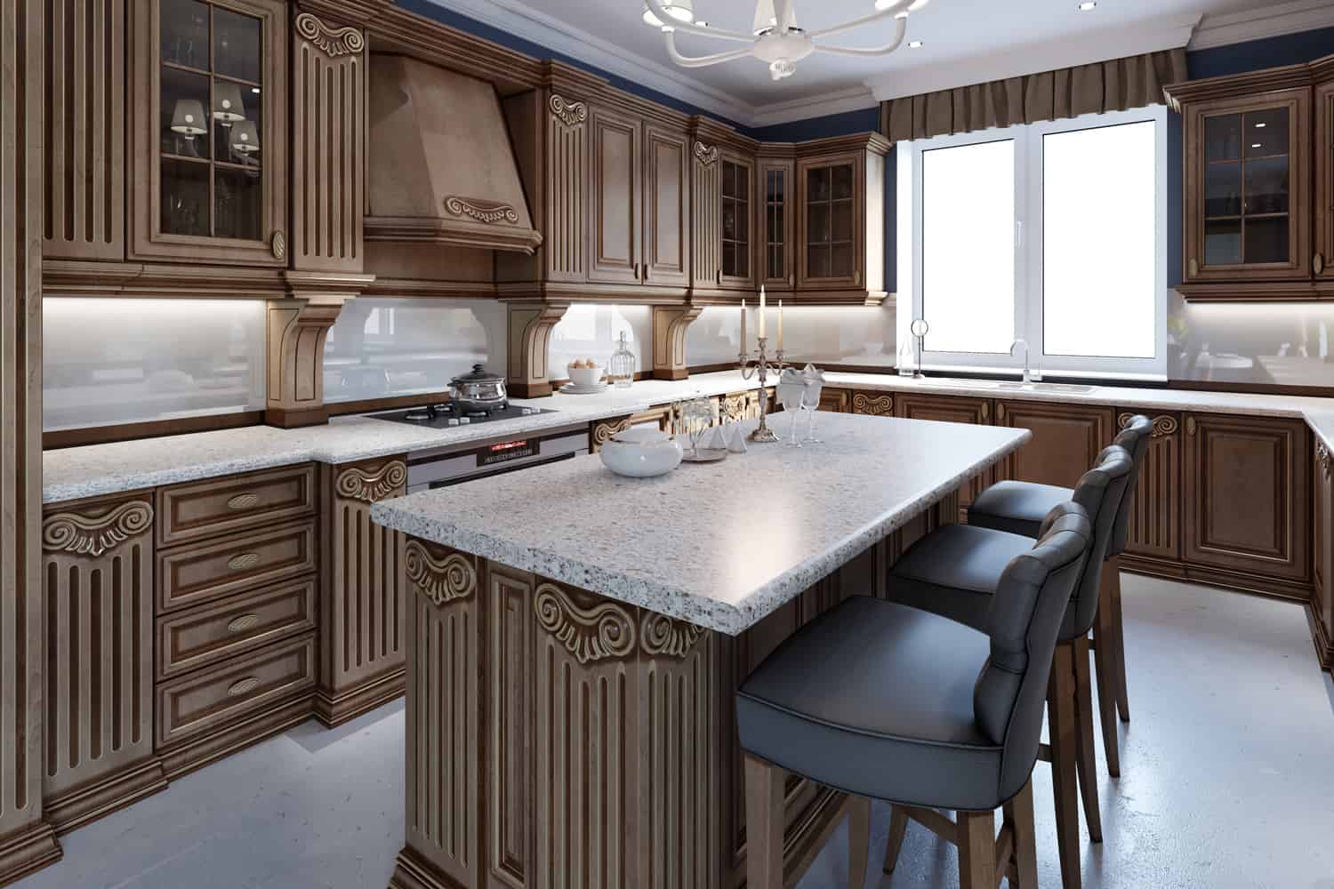 雷电竞官网网址厨房带花岗岩岛和樱桃木橱柜