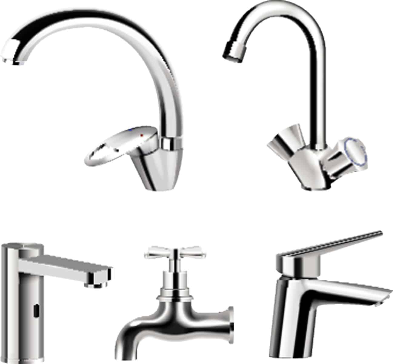 现实的钢镀铬供水水龙头各种形状和设计在白色背景隔离矢量插图