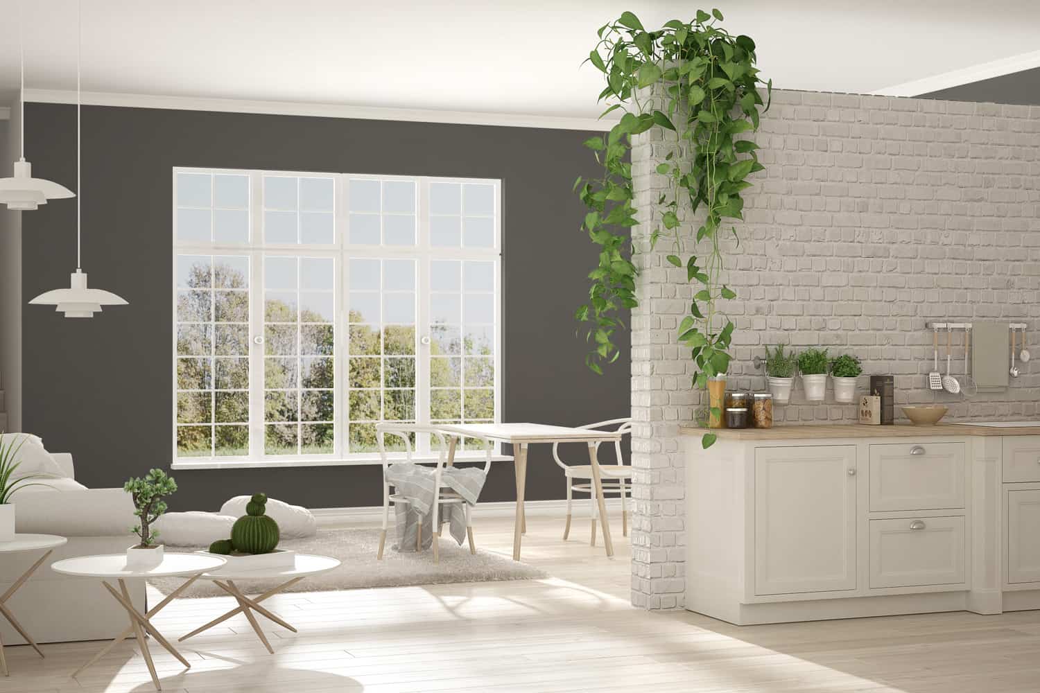 斯堪的纳维亚白色和灰色的极简主义生活，厨房，开放空间，一室公寓，经典的室内设计雷电竞官网网址