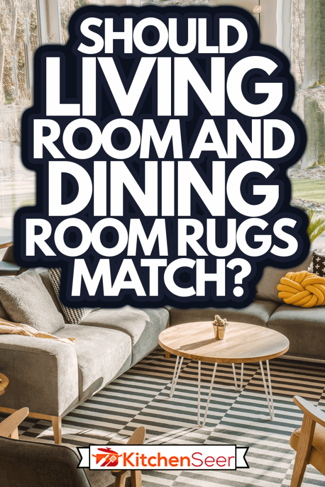 时尚的高角度视图,北欧客厅室内木质餐桌,灰色的沙发和视图阶地和后院,客厅和餐厅地毯应该匹配?雷竞技下载app官网