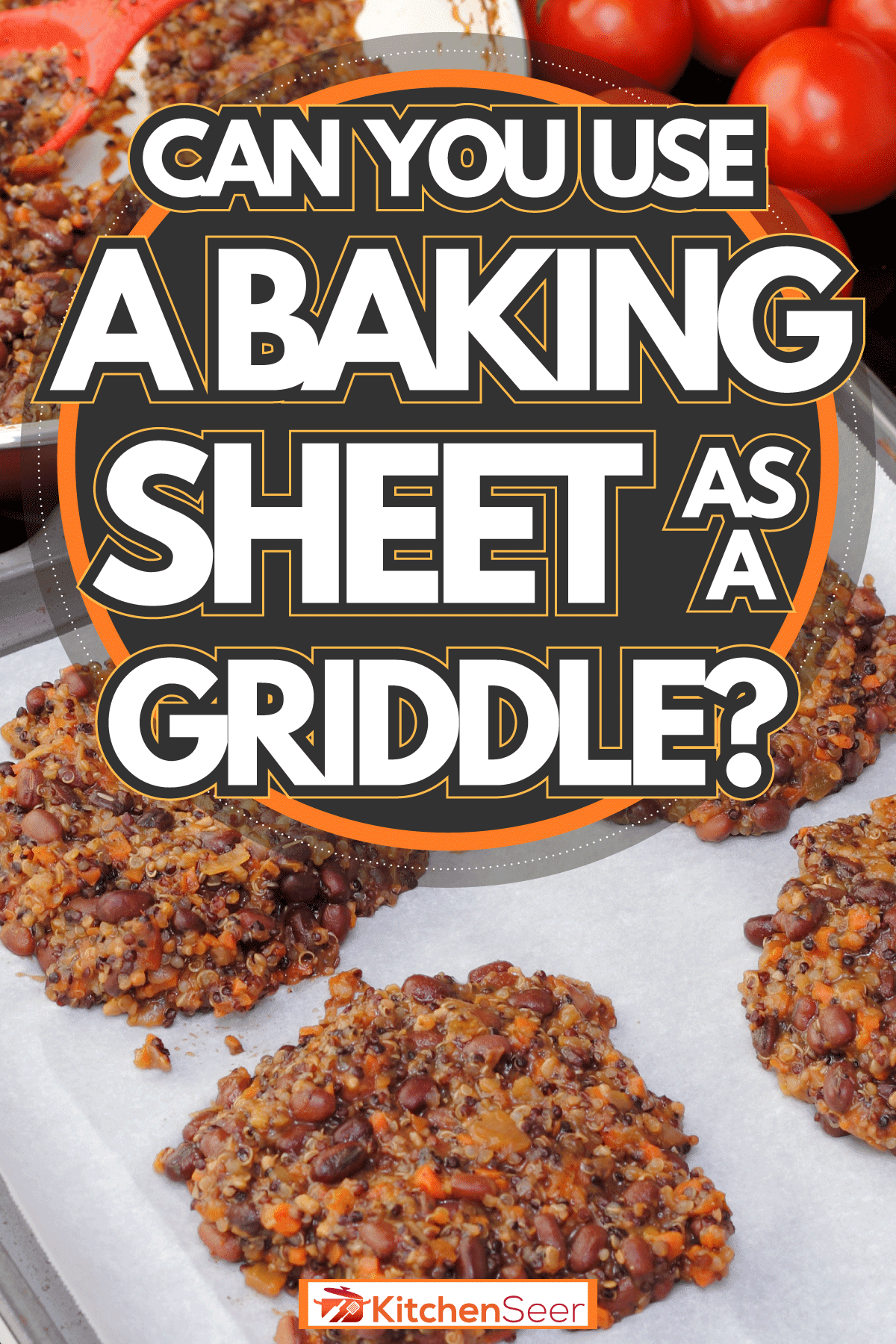 在羊皮纸衬里的烤盘上放上藜麦和三个豆饼，准备好了，你能用烤盘当煎锅吗?