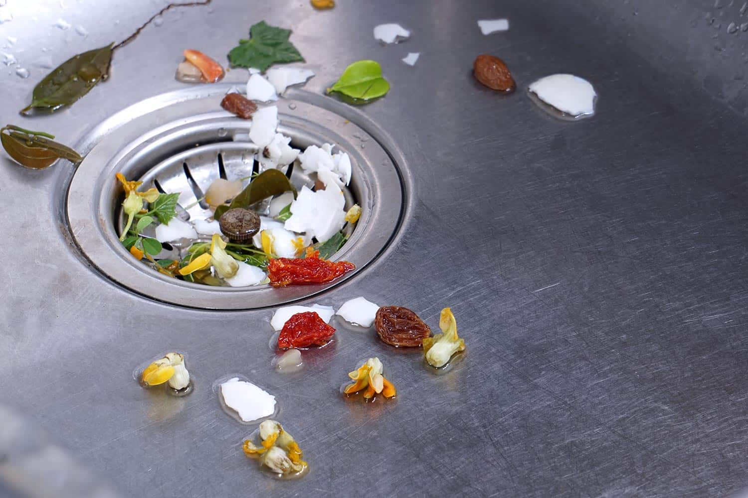 食物浪费的洗涤水槽和垃圾陷阱网格的排水洞”width=