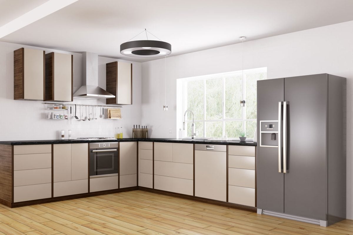 现代风格的厨房，米色橱柜和橱柜，黑色台面雷电竞官网网址