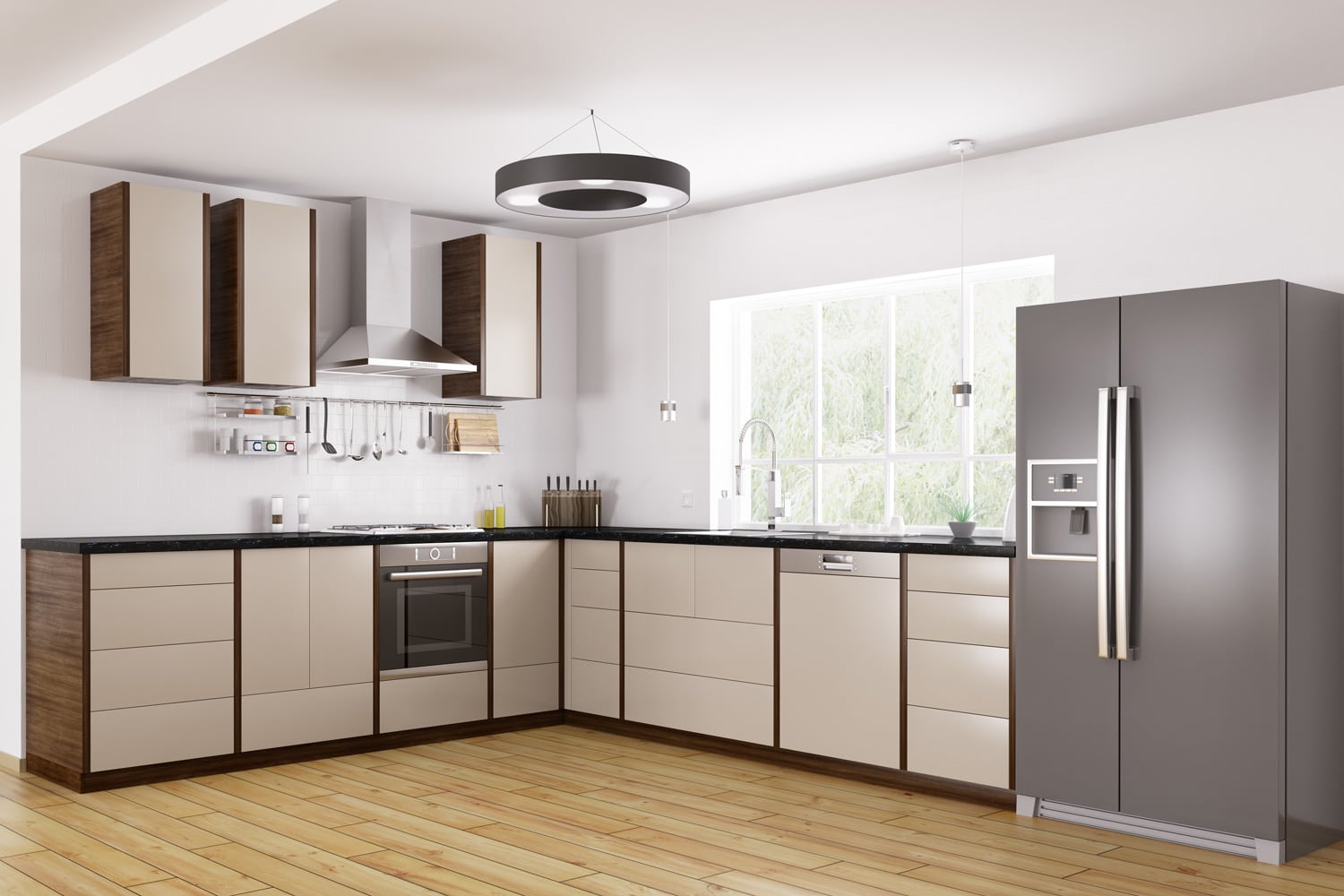 室内现代厨房,冰箱,洗碗机,微波炉雷电竞官网网址”width=