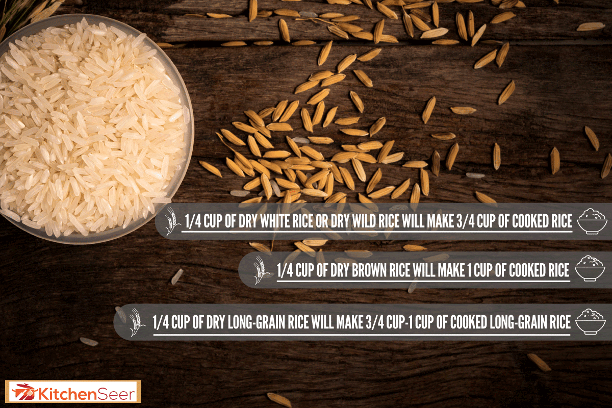 装在杯子里的米饭，在木地板上放稻谷和稻穗，1/4杯干米饭-煮了多少?