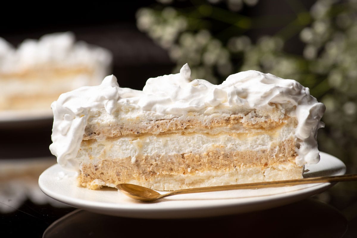 深色桌子上的盘子里有自制的分层香草蛋糕和蛋白霜