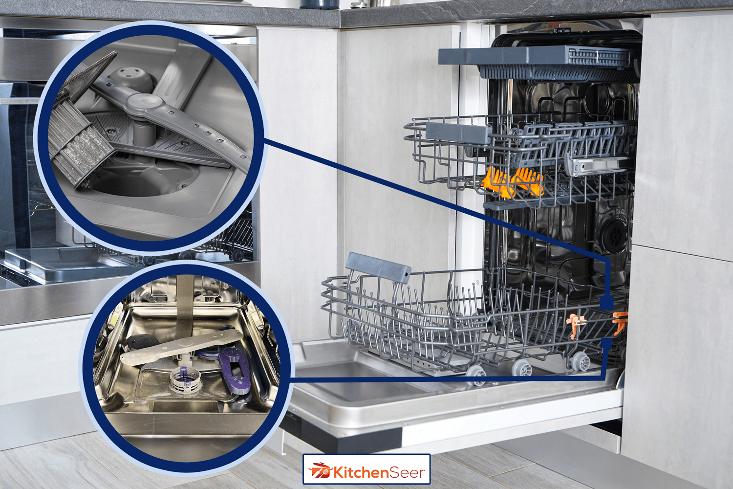 洗碗机在洗碗机的滤网。家电维修、维护和服务理念。——如何清洁堵塞洗碗机喷雾武器”width=