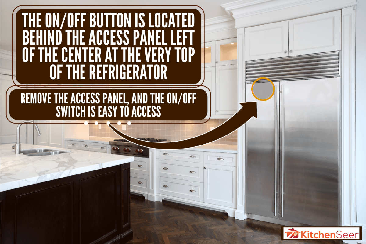 半乡村的启发与白色的台面和白色的橱柜、厨房维京雷电竞官网网址冰箱开/关开关在哪里?