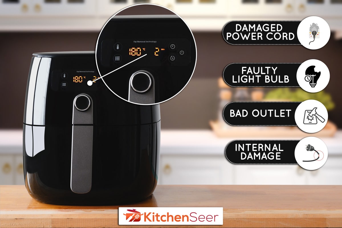 空气炸锅机烹饪土豆油炸在厨房。雷电竞官网网址烹饪新常态的生活方式。空气炸锅灯不工作-怎么了?