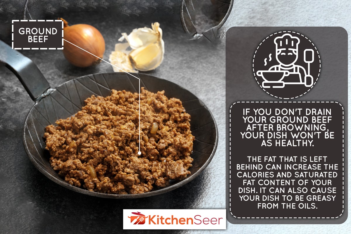 炒牛肉和洋葱和大蒜在黑盘黑石空间背景,副本,选择重点,缩小景深,要是你不排水牛肉在做饭吗?