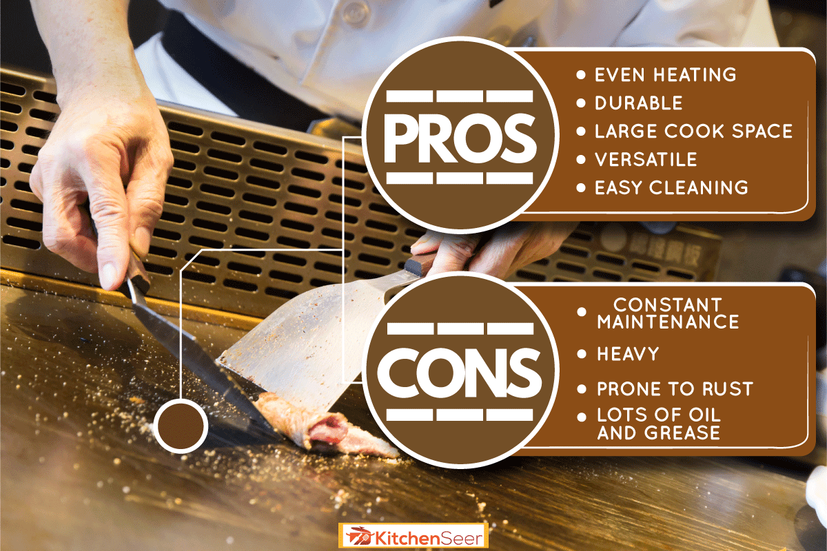 日本铁板烧板厨师抛几片肉在宽敞的烤盘,黑石烤盘利弊:它是适合你吗?