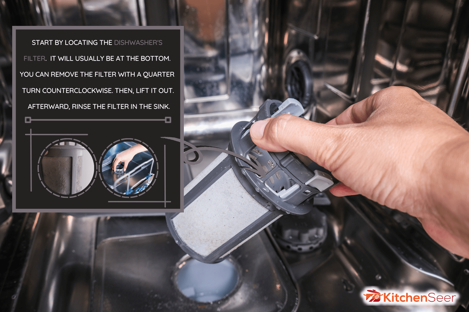 洗碗机底部的洗碗机滤网。家用电器维修，维护和服务理念-如何拆卸和清洁厨具洗碗机过滤器雷电竞官网网址