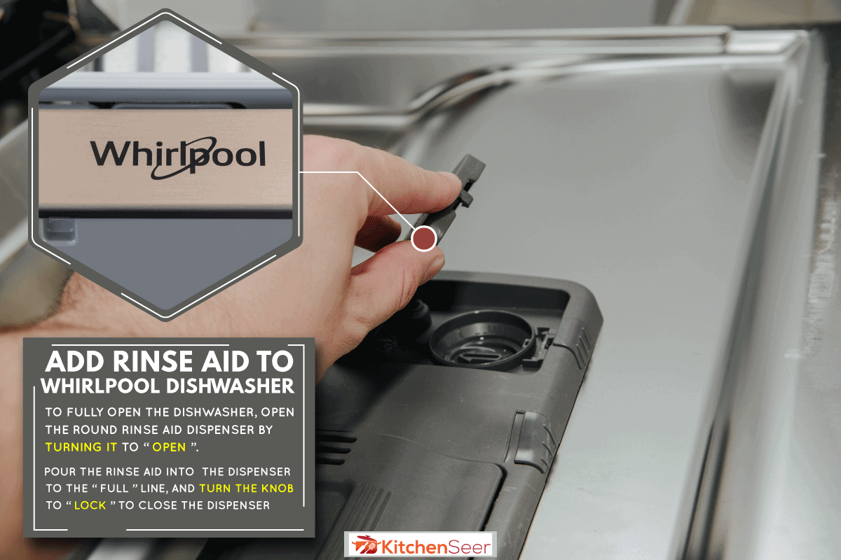 加满洗碗机中的漂洗剂，同时男人补充漂洗剂，如何将漂洗剂添加到惠而浦洗碗机