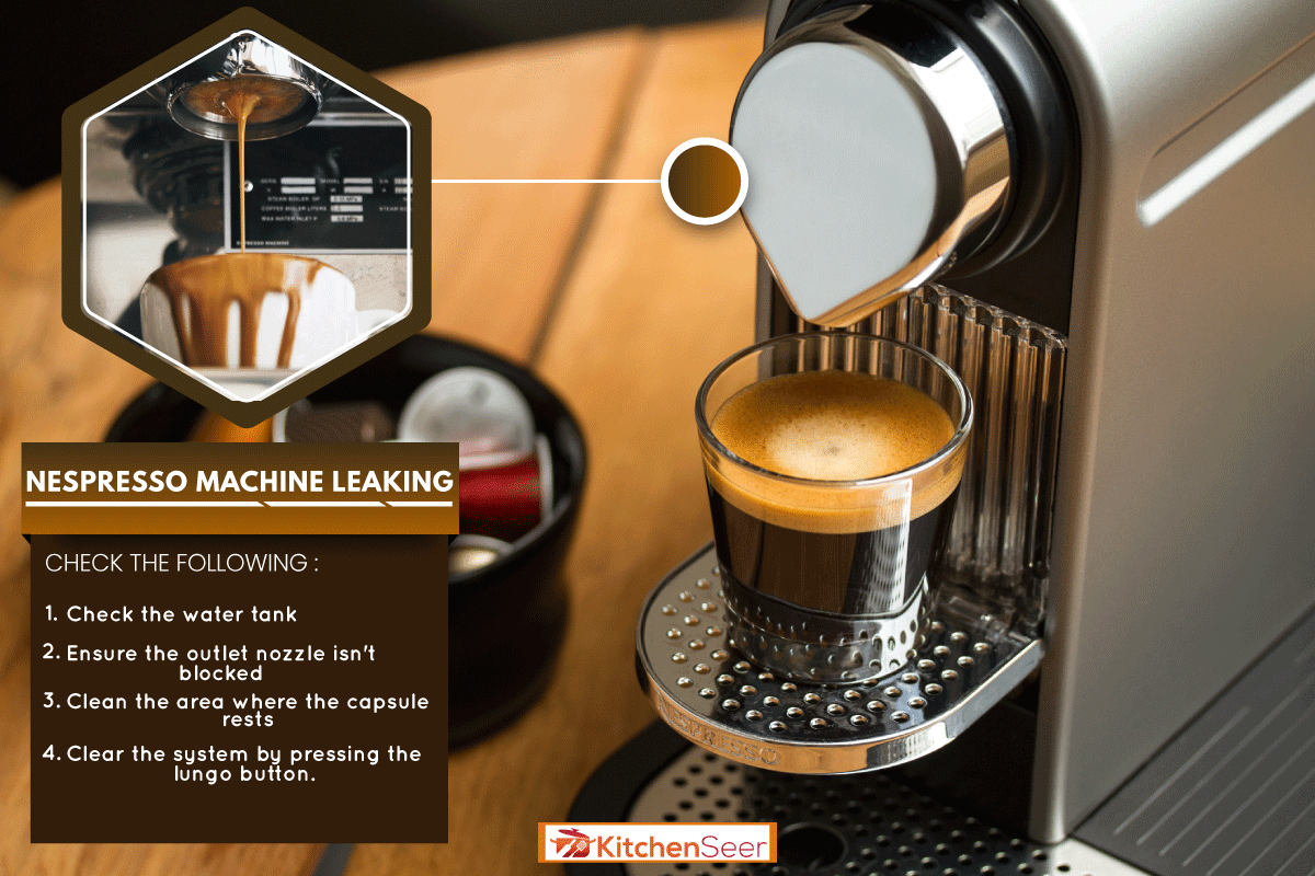 现磨咖啡在玻璃站在银雀巢咖啡机、雀巢机泄漏——要做什么?