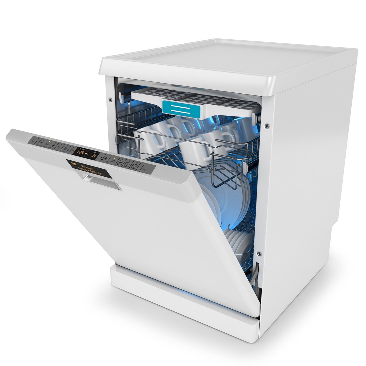 打开洗碗机与盘子-照片