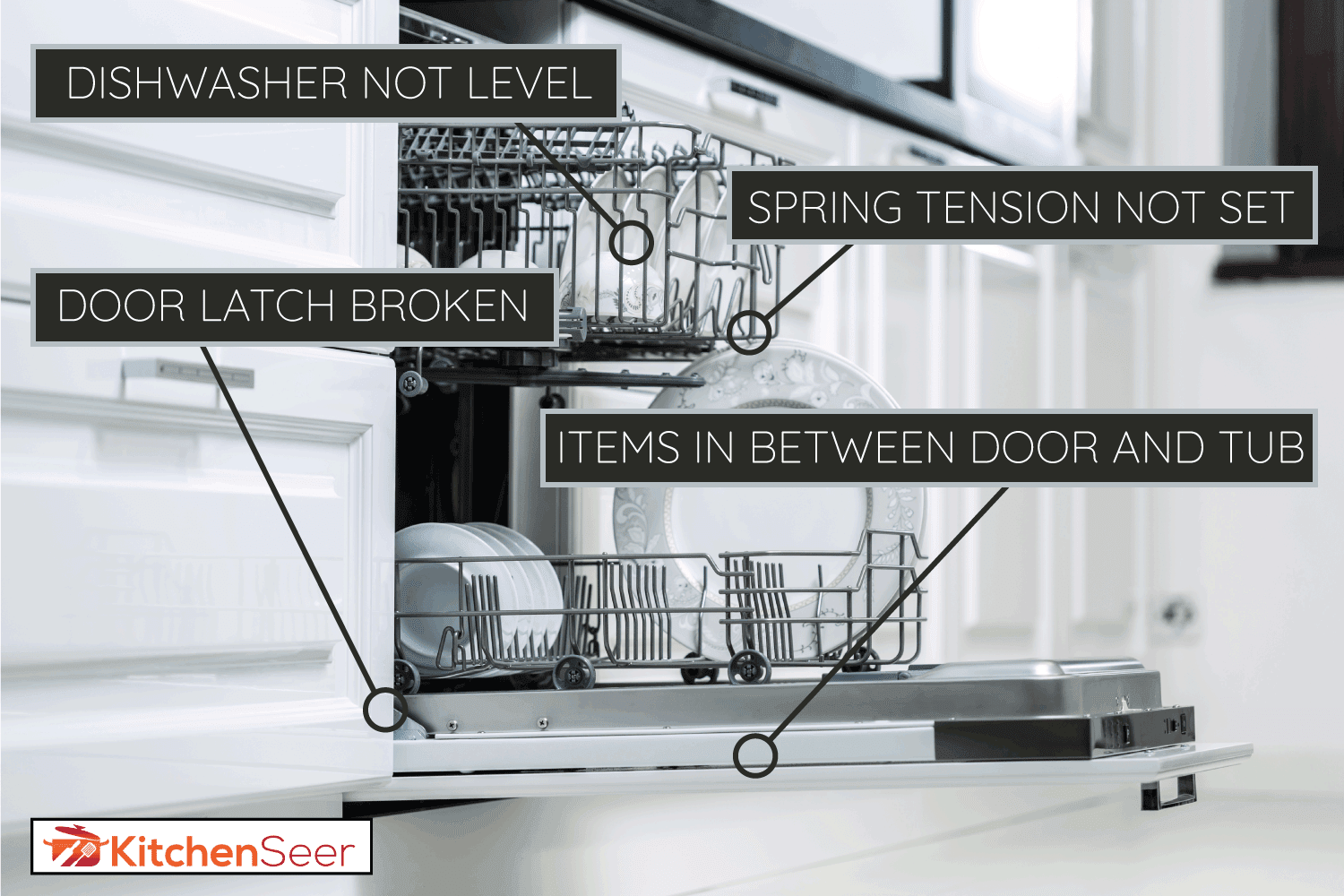 堆厨具在开放的洗碗雷电竞官网网址的机器。雷电竞官网网址厨房助手洗碗机门没有关闭,该做什么