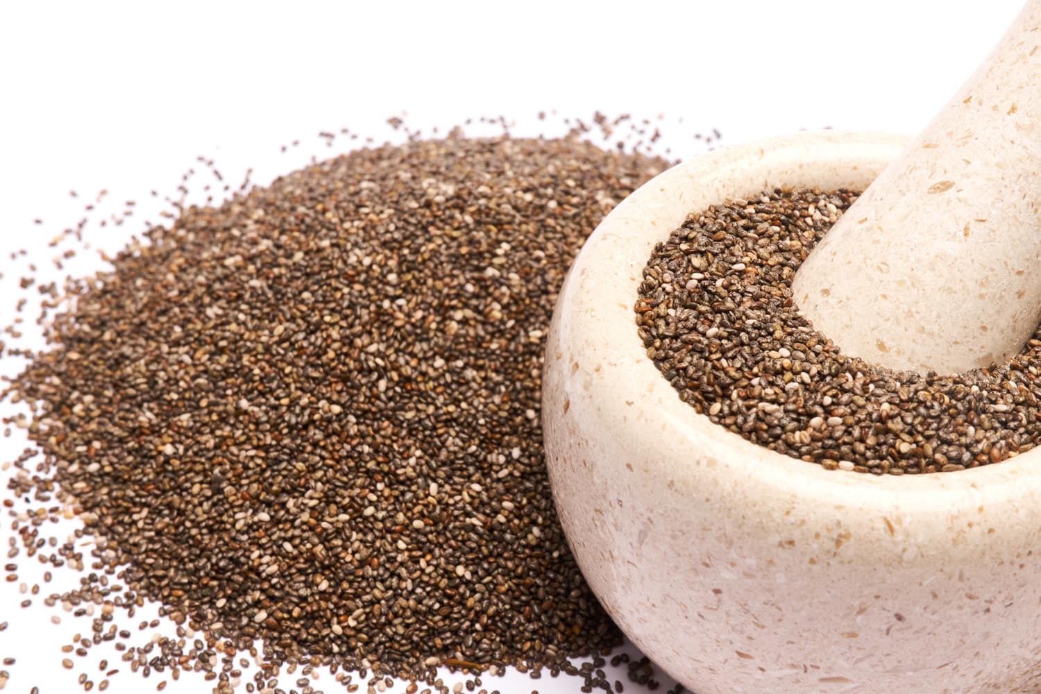 石臼充满有机天然奇亚籽特写孤立在白色背景