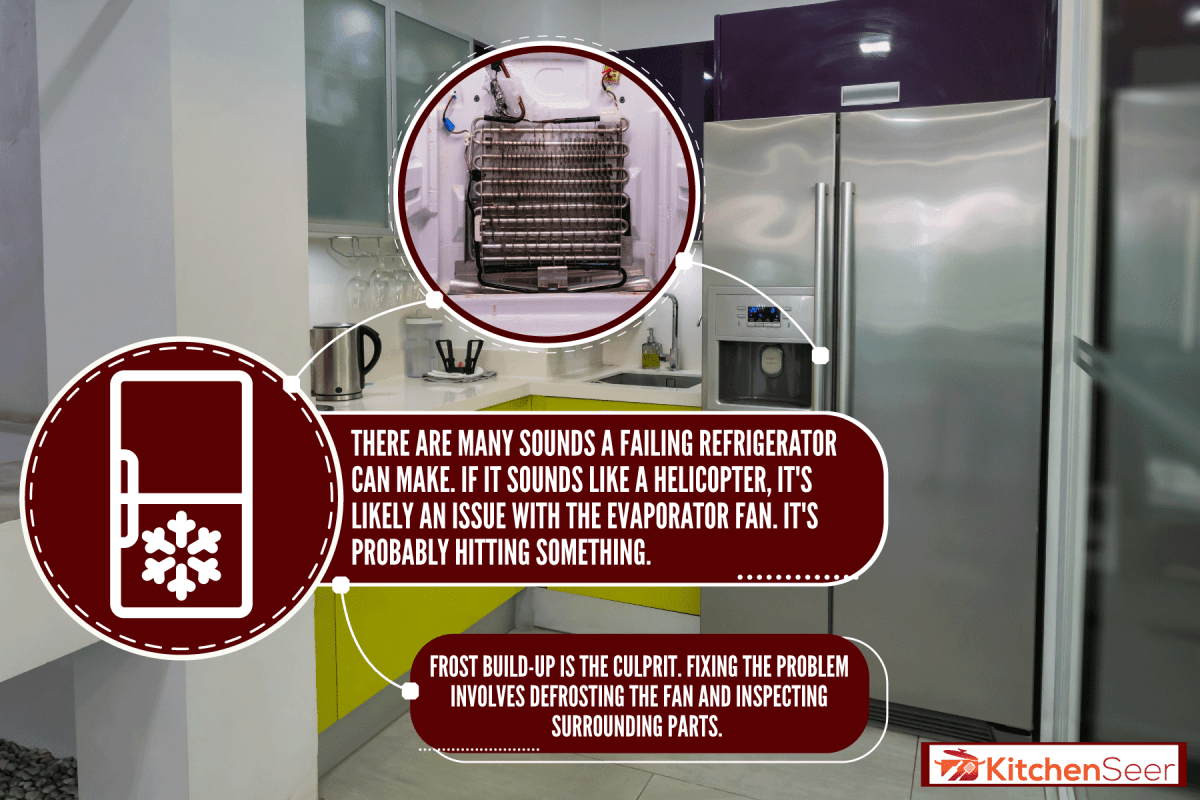 一个现代化的小厨房，薄荷绿色的雷电竞官网网址橱柜和白色的台面与整体设计相匹配，为什么我的冰箱听起来像直升机?