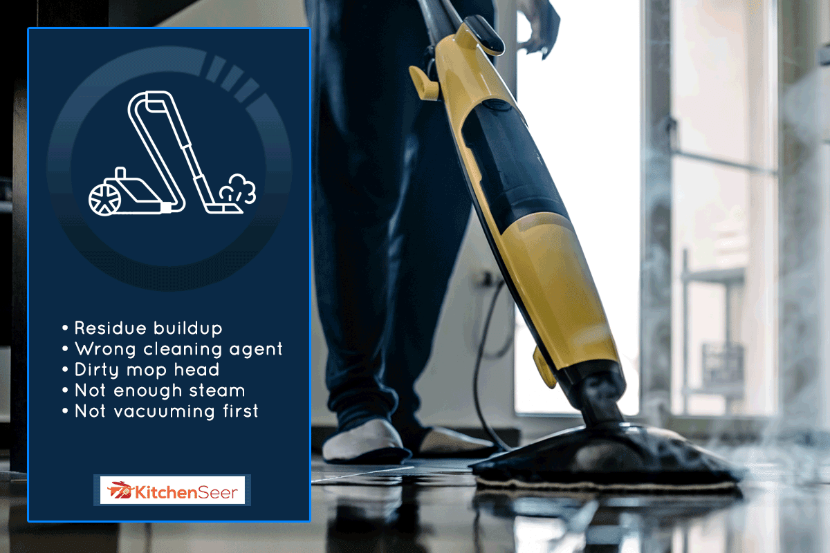 一个男人用干蒸汽清洁器清洁地板，为什么我用蒸汽拖把后地板会黏糊糊的?