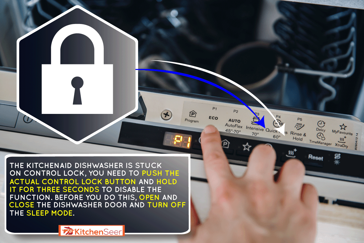 洗碗机特写。女人在洗碗机上设置经济周期，厨房辅助洗碗机卡住了控制锁-该怎么办?雷电竞官网网址